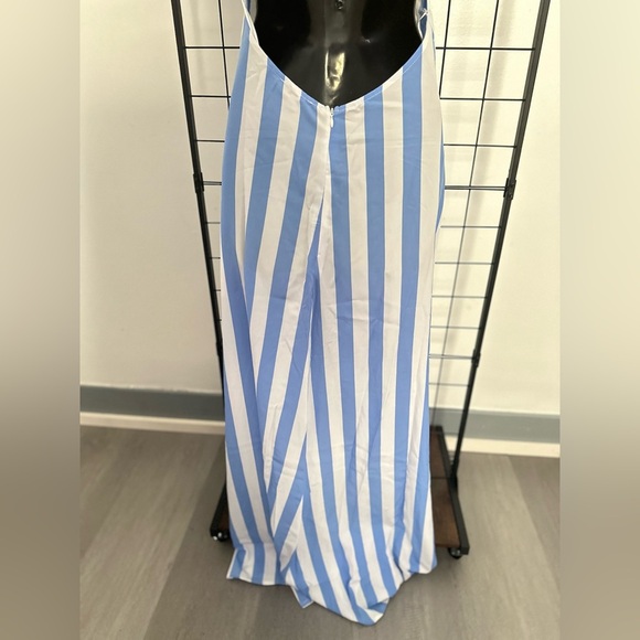 Light Blue Open Back Halter Tie Neck Zipper Closure Striped Detail Maxi Dress - Picture 17 of 17